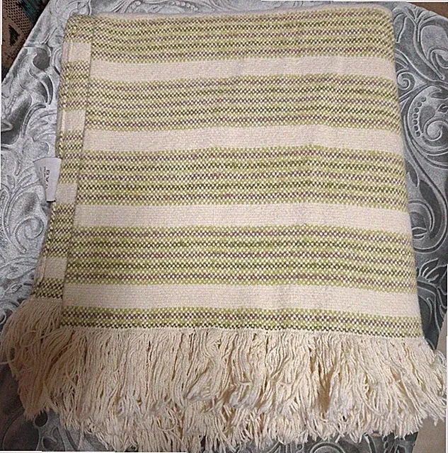 OASIS by Peacock Alley Throw Blanket w/Fringe Green Striped 100% Cotton 52"x 65