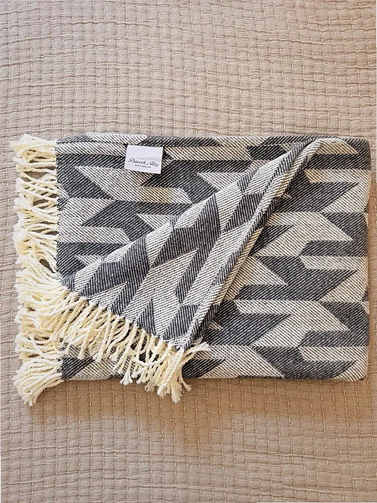 Peacock Alley Throw Blanket Grey Geometric Cotton Blend Fringed Portugal 54x68