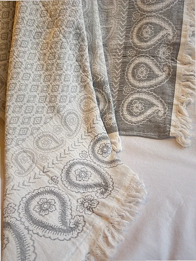 Peacock Alley Throw Blanket Grey Paisley And Diamonds Fringed Ends 38”x 68”
